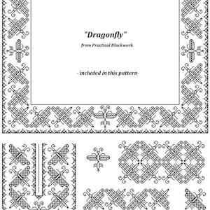 May include: Black and white line art pattern of a dragonfly design. The pattern includes a frame, a border, and several smaller motifs. The text "Dragonfly" from Practical Blackwork - included in this pattern - is included in the image.