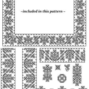 Puede incluir: Diseño de arte de línea en blanco y negro para bordado, llamado "Tichborne" de Practical Blackwork. El diseño incluye un marco, bordes y motivos individuales.