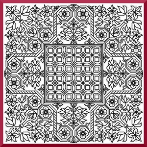 Puede incluir: Dibujo en blanco y negro de un patrón geométrico con acentos florales. El diseño es simétrico y presenta motivos repetitivos de flores, hojas y formas geométricas.