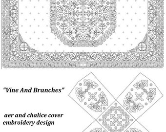 Vine And Branches Counted Blackwork Design PATTERN (HAND WORK)  for Aer and Chalice Covers Set from Practical Blackwork