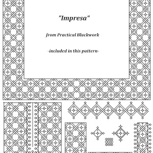 May include: Black and white line art design of a geometric pattern. The design is labeled "Impresa" from Practical Blackwork - included in this pattern.