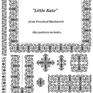 May include: Black and white line art design of a frame with the title "Little Kate" from Practical Blackwork. The design includes a variety of borders, corners, and decorative elements.