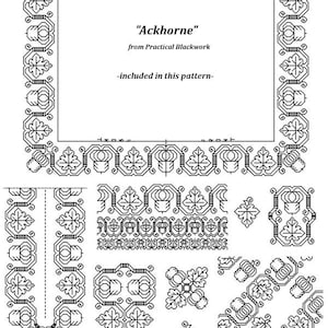 May include: Black and white line art design of a geometric pattern called "Ackhorne" from Practical Blackwork. The design includes a square frame with a repeating pattern of leaves and crowns, as well as smaller repeating patterns of leaves, crowns, and geometric shapes.