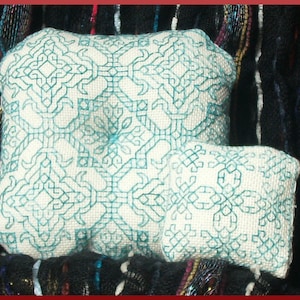 Puede incluir: Dos almohadas blancas con un patrón geométrico azul turquesa. Las almohadas están sobre una tela con estampado negro y blanco.