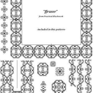 May include: Black and white line art design of a decorative frame with a floral pattern. The frame includes a title that reads "ffraser" from Practical Blackwork - included in this pattern.