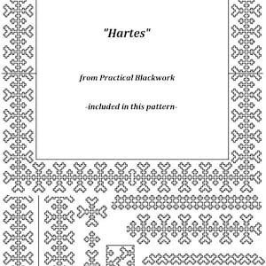 May include: Black and white geometric pattern with the word "Hartes" in the center, from Practical Blackwork. The design includes borders and various pattern elements, suitable for crafting projects.