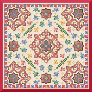 May include: A square patterned fabric with a cream background and a red border. The pattern features a repeating design of green, red, blue, and yellow geometric shapes.