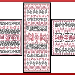 Puede incluir: Tres paneles enmarcados en blanco y negro con diseños de bordado rojo. El panel central tiene un patrón repetitivo de pájaros estilizados y motivos florales. Los paneles izquierdo y derecho tienen una variedad de patrones geométricos y florales.