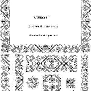 May include: Black and white line art design featuring a frame, borders, and smaller decorative elements. The text "Quinches" from Practical Blackwork - included in this pattern - is included in the image.
