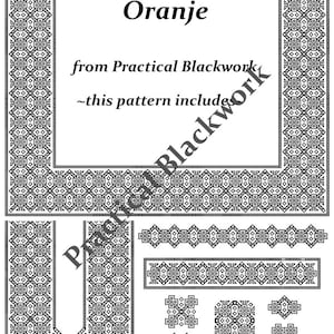 May include: Black and white geometric pattern design, titled "Oranje" from "Practical Blackwork". The pattern includes a border, a corner piece, a center piece, and a smaller square.