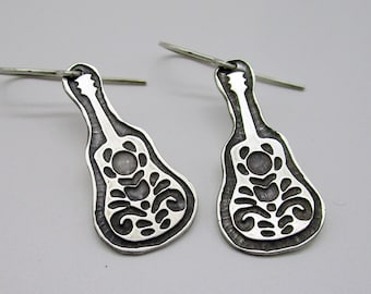 Guitar Earrings Etched Sterling