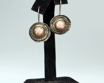 Rhodocrosite and Sterling Round Flower Earrings