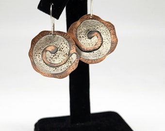 Silver Spiral on Copper Round Earrings