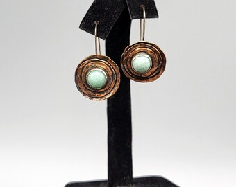Copper Round Flower Earrings with Pale Green Stone