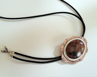 Bolo Tie Poppy Jasper, Copper, Sterling