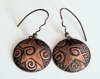 Earrings Etched Copper Spiral Sun