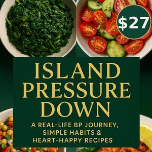 Puede incluir: Portada de libro de cocina con el título "ISLAND PRESSURE DOWN" y el nombre de la autora, Roberta Jarrett. La portada presenta cuencos de comida, incluyendo espinacas, tomates, pepinos y salmón. Un precio de 27 € es visible.