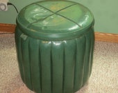vintage green vinyl covered footstool,photo prop,vintage green footstool,footstool with storage,green ottoman,hassock,round footstool