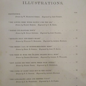 May include: A black and white page with the title "Illustrations" and a list of illustrations from a book. Each illustration is listed with the title, the artist who drew it, and the engraver. The page numbers are listed next to each illustration.