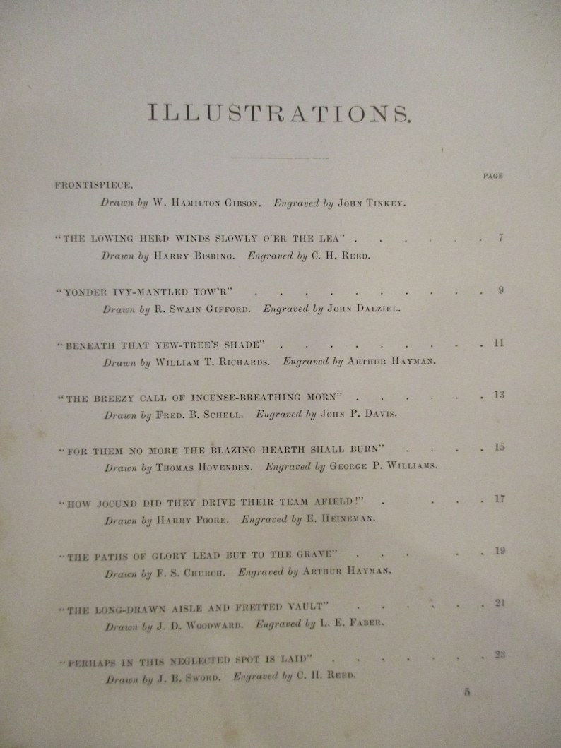 May include: A black and white page with the title "Illustrations" and a list of illustrations from a book. Each illustration is listed with the title, the artist who drew it, and the engraver. The page numbers are listed next to each illustration.