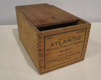 vintage wood chalk box with sliding cover, Atlantic white chalk crayon No 307 Binney & Smith box with  sliding cover and jointed corners