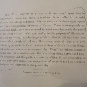 May include: A page from a book with text about the poem "Elegy Written in a Country Churchyard" by Thomas Gray. The text discusses the poem's beauty and the lack of illustrations for the poem. The text also mentions that the publishers are releasing a new edition of the poem with illustrations by American artists. The text is printed in black ink on a white background. The copyright date is 1883.