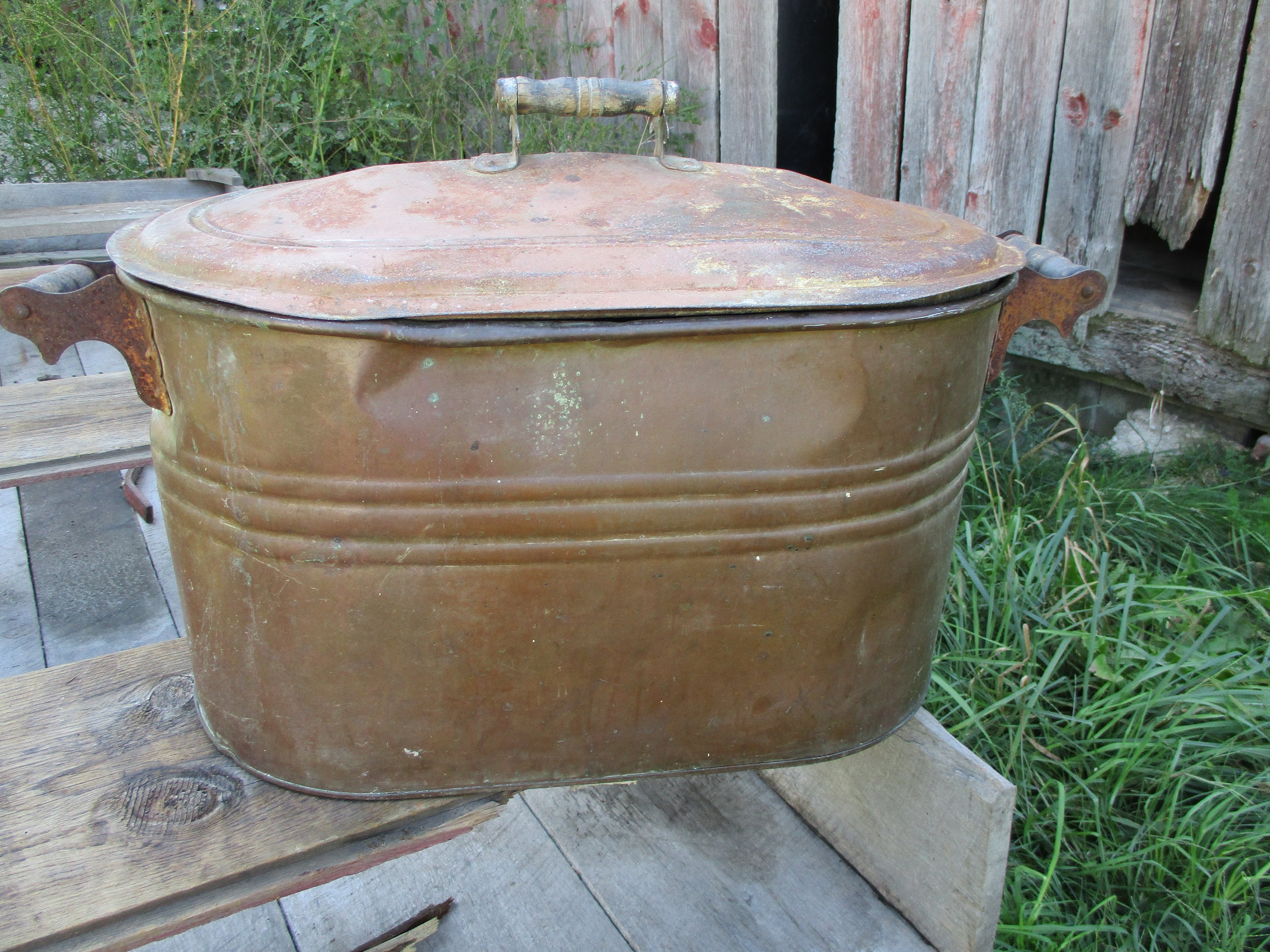Antique Copper Boiler Wash Tubcopper Boiler With Cover Wood Etsy