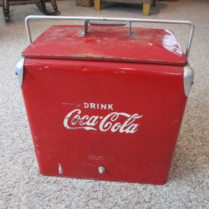 Coca Cola red metal cooler,metal cooler,ice box,vintage picnic,beer cooler,1950s ice chest,retro cooler,camping cooler,cottage decor