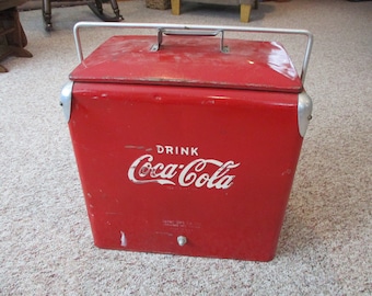 Coca Cola red metal cooler,metal cooler,ice box,vintage picnic,beer cooler,1950s ice chest,retro cooler,camping cooler,cottage decor