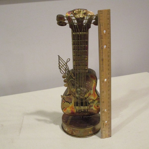 Guitar copper sculpture music box,copper color metal sculpture,To Dream Impossible Dream music box,Man from LaMancha,guitar metal sculpture