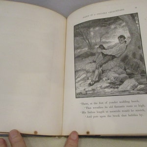 May include: A black and white illustration of a man sitting under a tree by a stream. The text reads: "There, at the foot of yonder nodding beech, That wreathes its old fantastic roots so high, His listless length at noontide would he stretch, And pore upon the brook that babbles by."