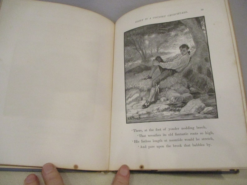 May include: A black and white illustration of a man sitting under a tree by a stream. The text reads: "There, at the foot of yonder nodding beech, That wreathes its old fantastic roots so high, His listless length at noontide would he stretch, And pore upon the brook that babbles by."