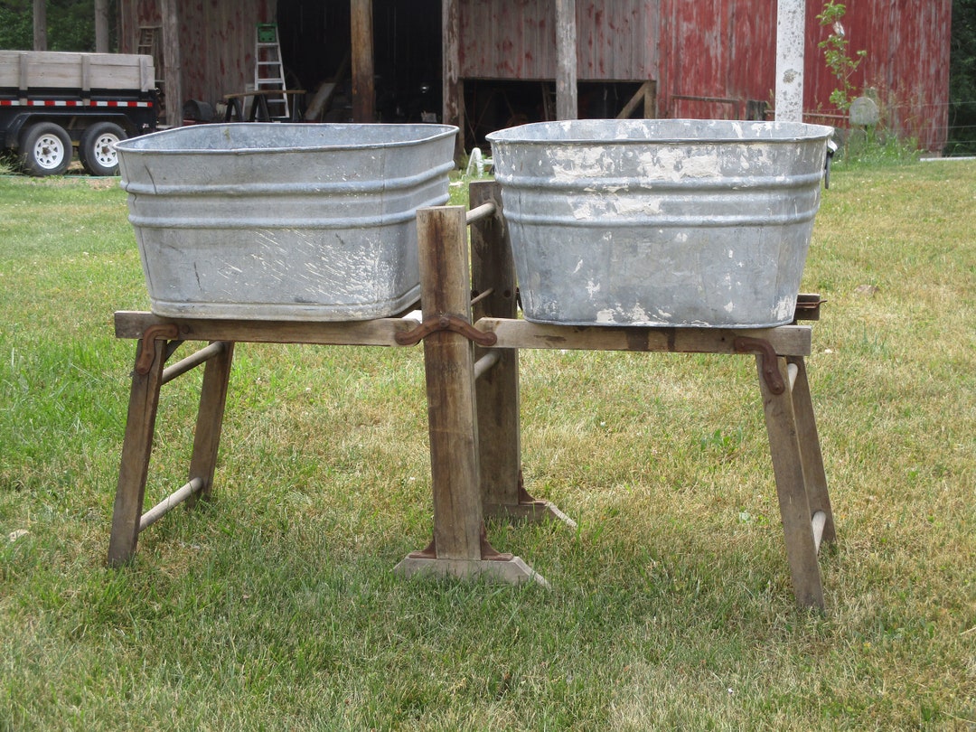 Antique Folding Wash Tub Stand With Tubs,porch Planter,galvanized