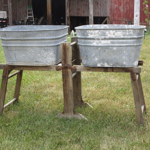 antique folding wash tub stand with tubs,porch planter,galvanized square washtubs and stand,wood wash tub stand,rustic wash sink,cabin sink