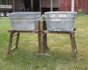 antique folding wash tub stand with tubs,porch planter,galvanized square washtubs and stand,wood wash tub stand,rustic wash sink,cabin sink