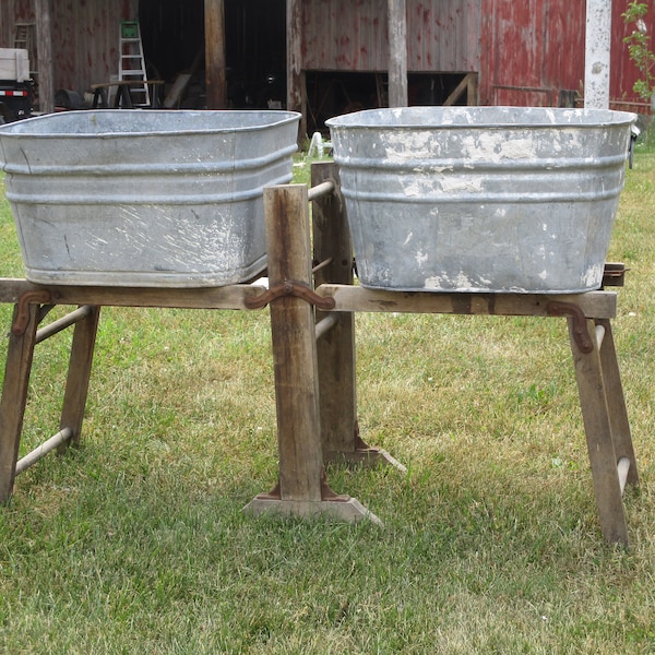 antique folding wash tub stand with tubs,porch planter,galvanized square washtubs and stand,wood wash tub stand,rustic wash sink,cabin sink