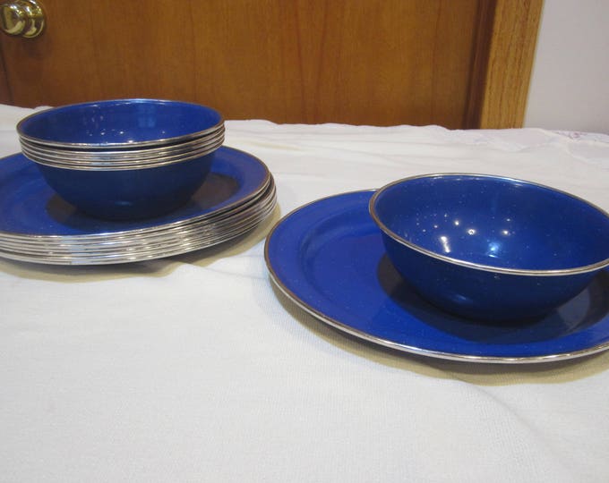 Blue Speckled Enamelware Plates and Bowls,camping Dishes,blue Metal