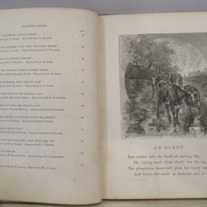 May include: A black and white illustration of a herd of cows walking through a stream. The illustration is from a book titled "An Elegy". The text reads: "The curfew tolls the knell of parting day, The lowing herd winds slowly o'er the lea, The ploughman homeward plods his weary way, And leaves the world to darkness and to me."