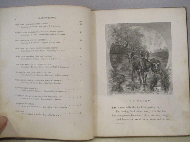 May include: A black and white illustration of a herd of cows walking through a stream. The illustration is from a book titled "An Elegy". The text reads: "The curfew tolls the knell of parting day, The lowing herd winds slowly o'er the lea, The ploughman homeward plods his weary way, And leaves the world to darkness and to me."