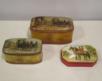 3 small English tins,hinged lid tin,biscuit tin,English Carriage,stagecoach tin,Mounted Police on horse,made in England,victorian tin