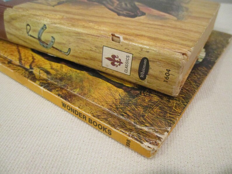 May include: Two vintage books are stacked, showcasing their aged covers. The top book has a light wood-grain cover with a horseshoe detail and the word "CLASSICS". The bottom book is a "WONDER BOOKS" title with a yellow cover.