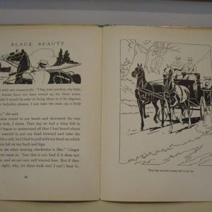 May include: An open book with illustrations from "Black Beauty." The left page features a drawing of a horse-drawn carriage and text. The right page shows a detailed illustration of a horse-drawn carriage on a hill. The book is open on a light-colored surface.