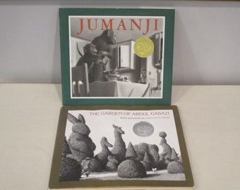 2 hardcover books by Chris VanAllsburg,1979 The Garden of Abdul Gasazi,1981 Jumanji,Caldecott medal books,collectible childrens books