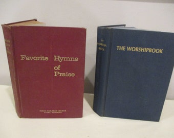 2 vintage psalmböcker, psalmer, favoritpsalmer om lovsång, gudstjänstboken, presbyteriansk psalmbok, wesleyansk kyrka, musikrum, religiösa sånger, kyrkomusik