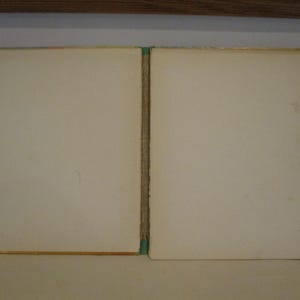May include: An open vintage book with off-white pages. The book's spine is visible, with a green and tan binding. The pages show slight discoloration, suggesting age. The book is set against a neutral background, highlighting its aged appearance.
