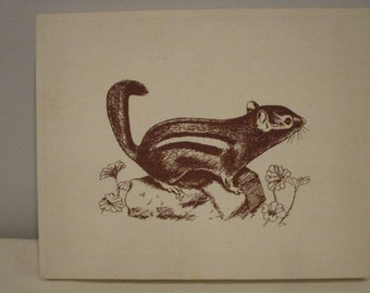 small Marushka style chipmunk print,screen print animal,wall decor,cabin decor,dorm room,1970s wall art,Ac Cent Us art print,chipmunk print