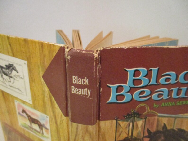 May include: An open book with the title "Black Beauty" by Anna Sewell. The cover is a deep red with blue lettering. The spine of the book is brown with the title printed vertically. The book is displayed with a wooden background.