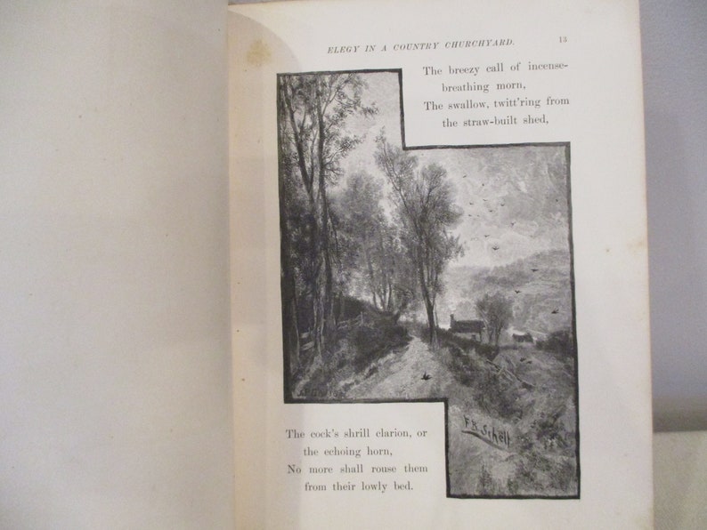 May include: A black and white illustration of a rural landscape with trees, a path, and a small building. The text "ELEGY IN A COUNTRY CHURCHYARD" is visible at the top of the image.