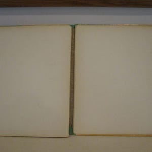 May include: Open vintage book with off-white pages. The book is open, revealing two blank pages. The edges of the pages are slightly yellowed, suggesting age. The binding is visible, with a green and tan spine.