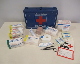 Vintage Blue Johnson and Johnson First Aid Kit, Metal First Aid